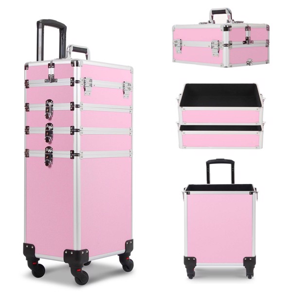 4 in 1 Rolling Makeup Case Makeup Trolley Case With Wheels Makeup Travel Case Organizer (PINK)