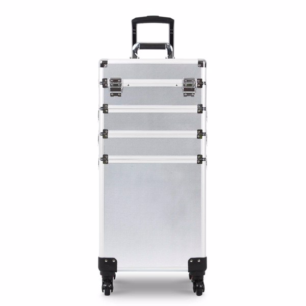 4 in 1 Rolling Makeup Case Makeup Trolley Case With Wheels Makeup Travel Case Organizer (SILVER)