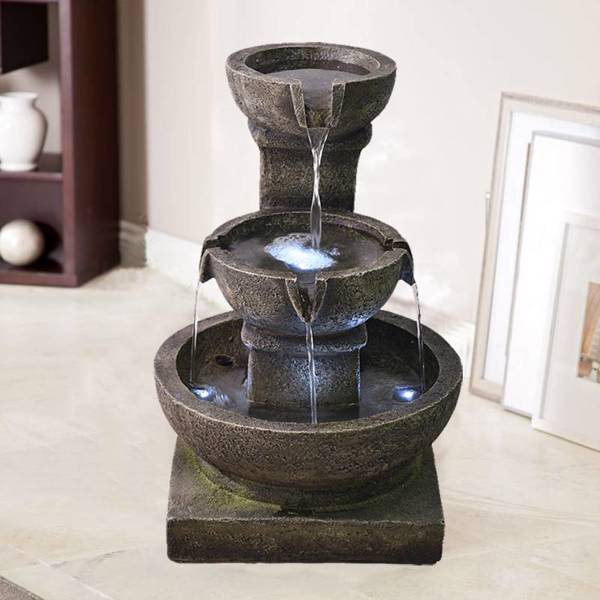 16inches Outdoor Water Fountain with LED Light - Modern Curved Indoor-Outdoor Waterfall Fountain 5-Tier Cascading Bowl Zen Fountain for Outdoor Space or Indoor Decor