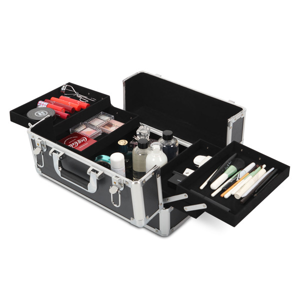 4 in 1 Rolling Makeup Case Makeup Trolley Case With Wheels Makeup Travel Case Organizer (BLACK)