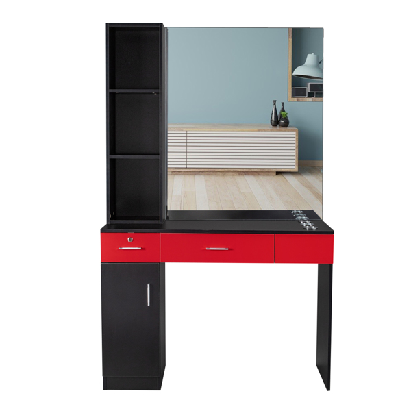15 Cm E0 Particleboard Pitted Surface 1 Door 2 Drawers 3 Layers Rack With Legs Hairdressing Cabinet With Lock And Mirror Salon Cabinet Black and Red