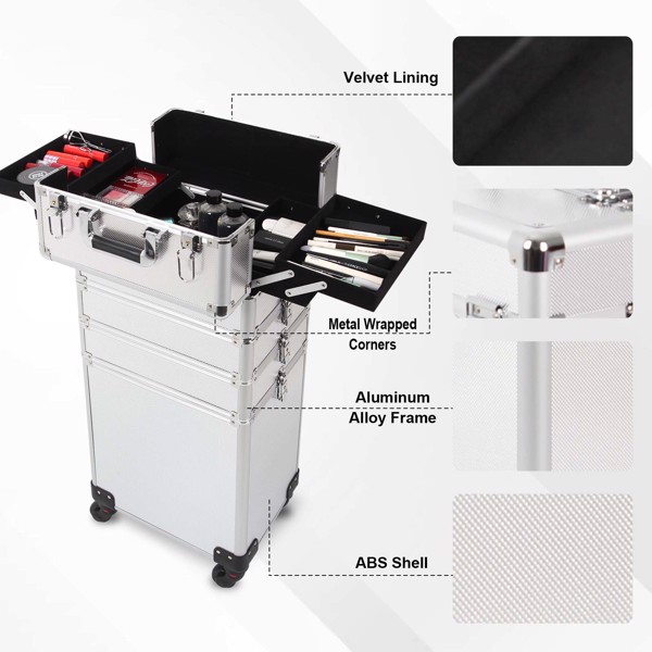 4 in 1 Rolling Makeup Case Makeup Trolley Case With Wheels Makeup Travel Case Organizer (SILVER)