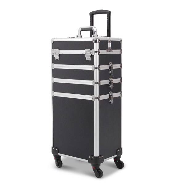 4 in 1 Rolling Makeup Case Makeup Trolley Case With Wheels Makeup Travel Case Organizer (BLACK)