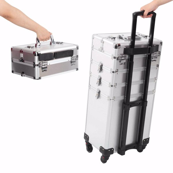 4 in 1 Rolling Makeup Case Makeup Trolley Case With Wheels Makeup Travel Case Organizer (SILVER)