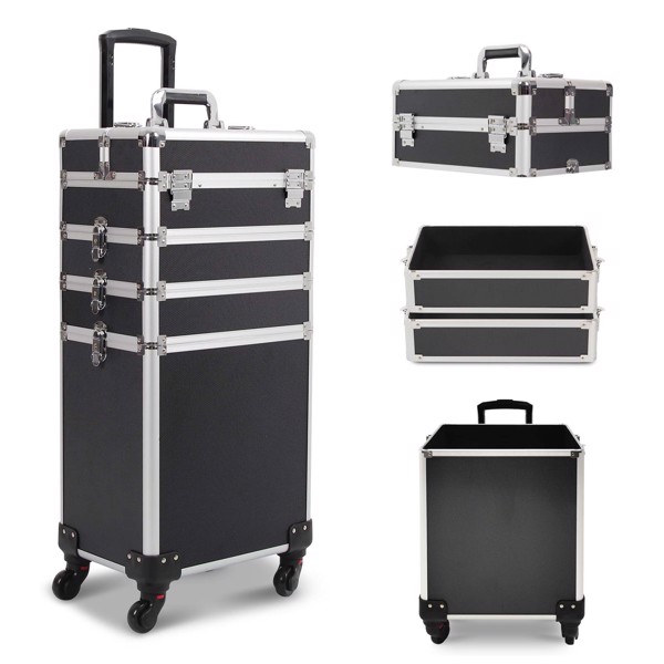 4 in 1 Rolling Makeup Case Makeup Trolley Case With Wheels Makeup Travel Case Organizer (BLACK)