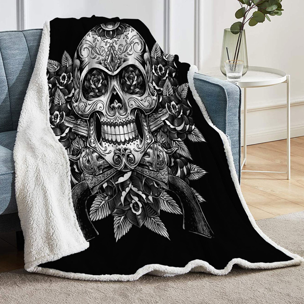 Sugar Skull Blanket, Fuzzy Rose Skull Throw Blankets for Adults Men Women, Black and White Flower Skull Fleece Throw, Comfort Soft Sherpa Blanket Cozy Machine Washable (130*150CM)