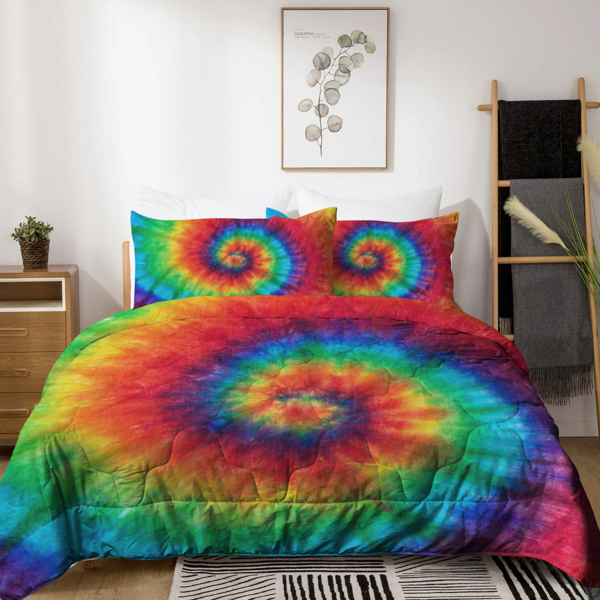 Tie Dye Twin Comforter Set Rainbow Bedding Boho Hippie Bed Quilt Set Colorful Bed Fluffy Comforter for Teen Girl 3pc Vintage Summer Comforter with 2 Pillow Shams (Orange Blue Green)