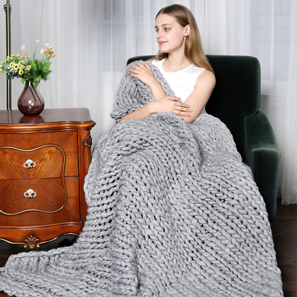2*2m, Light Grey, Chunky Knit Blanket Handmade Knitting Warm Knitting Throw Blanket