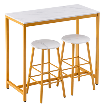 100*45*92 cm PVC Marble Simple Bar Table Round Bar Stool Golden Paint (One Table and Two Stools) White