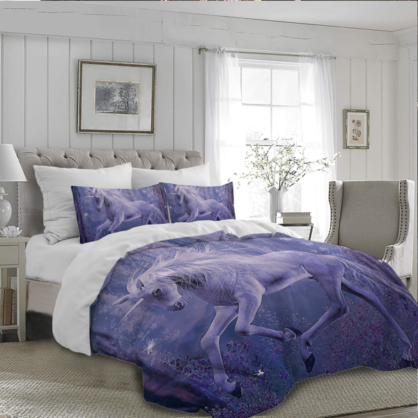 Purple Unicorn Bedding Set 3D Printed Quilt Cover With Pillowcases Floral Scenic Bed Set 3-Piece Home Textiles Twin