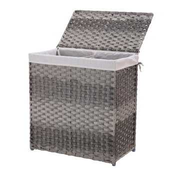 Divided Laundry Hamper,  Synthetic Rattan Handwoven Clothes Laundry Basket with Lid and Handles, Foldable, Removable Liner Bag, Grey