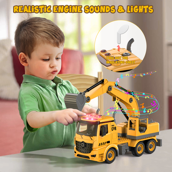 (ABC)(Prohibited Product on Amazon)Construction Truck Toys for 4 5 6 Years Old Kids, 4-in-1 Take Apart Toys with Electric Drill, 1 Truck and 4 Backs to Swap Out to be Dump, Mixer, Excavator & Crane