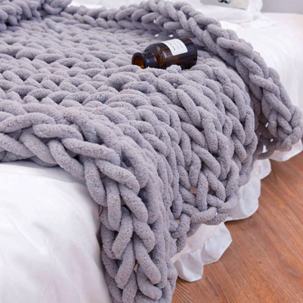 2*2m, Light Grey, Chinille Knitting Blanket Bed Throw Yarn Baby Bulky Soft Throw for Home Decor Chair Sofa Throw