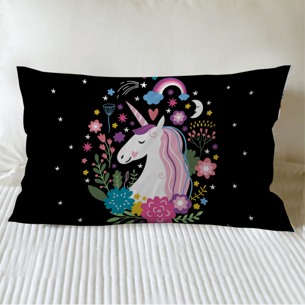 Unicorn Pillow Cases Pink Flower Pillow Cover Unicorn Gifts Cute Animal Black Bed Decorative Pillow Shams (Set of 2 King Size)