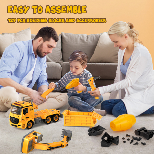 (ABC)(Prohibited Product on Amazon)Construction Truck Toys for 4 5 6 Years Old Kids, 4-in-1 Take Apart Toys with Electric Drill, 1 Truck and 4 Backs to Swap Out to be Dump, Mixer, Excavator & Crane