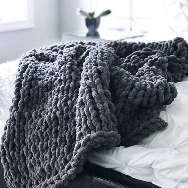 1.2*1.5m, Dark Grey, Chinille Knitting Blanket Bed Throw Yarn Baby Bulky Soft Throw for Home Decor Chair Sofa Throw