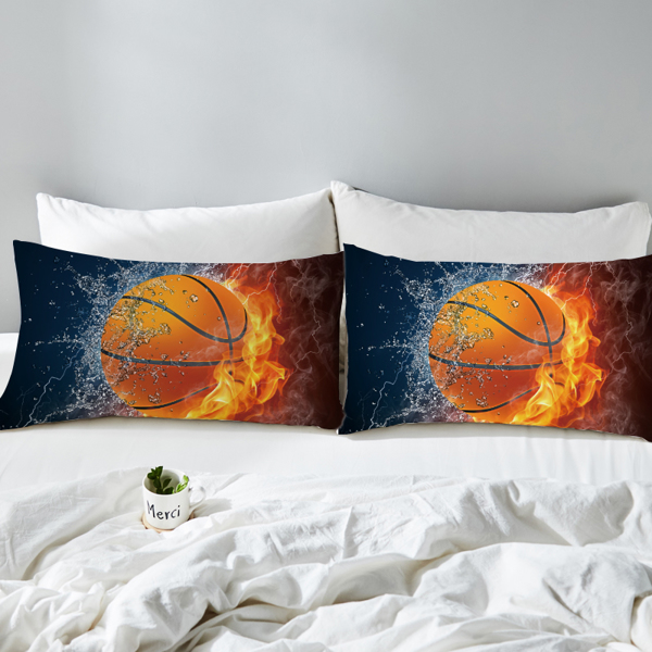 Basketball Bedding Set for Boys Girls Bed Linen 3D Shooting a Basketball Fire Flames and Water Sports Duvet Cover[2pcsPillowcase50x75]