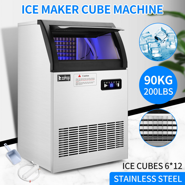 Commercial Stainless Steel Freestanding Ice Maker Cube Machine, 200lbs/24H for Home/Kitchen/Office/Restaurant/Bar/Coffee Shop