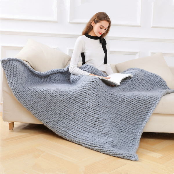 1.5*2m, Light Grey, Chunky Knit Blanket Handmade Knitting Warm Knitting Throw Blanket
