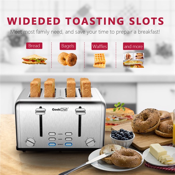 Stainless Steel Extra-Wide Slot Toaster with Dual Control Panels of Bagel/Defrost/Cancel Function, Silver(can not be sold on Amazon)