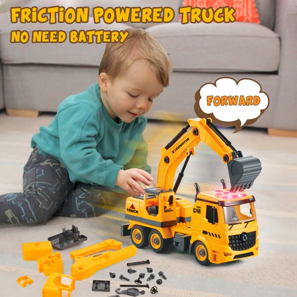 (ABC)(Prohibited Product on Amazon)Construction Truck Toys for 4 5 6 Years Old Kids, 4-in-1 Take Apart Toys with Electric Drill, 1 Truck and 4 Backs to Swap Out to be Dump, Mixer, Excavator & Crane