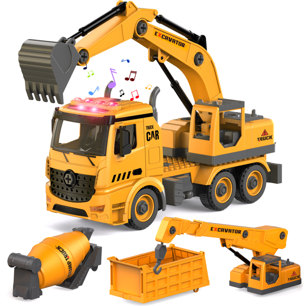 (ABC)(Prohibited Product on Amazon)Construction Truck Toys for 4 5 6 Years Old Kids, 4-in-1 Take Apart Toys with Electric Drill, 1 Truck and 4 Backs to Swap Out to be Dump, Mixer, Excavator & Crane