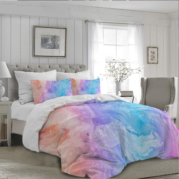 Modern Pastel Tie Dye Bedding Colorful Marble Duvet Cover Twin Blue Purple Modern Bedspreads Kids Teens Girls 3 Piece Trendy Bed Set