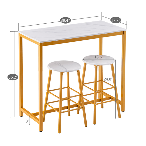 100*45*92 cm PVC Marble Simple Bar Table Round Bar Stool Golden Paint (One Table and Two Stools) White