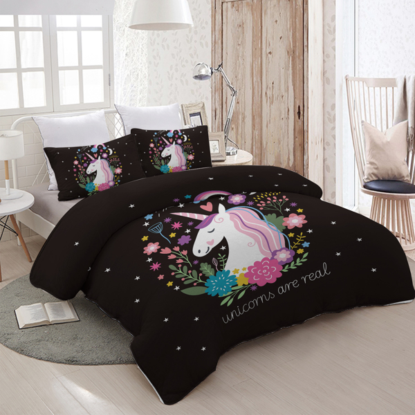 Unicorn Queen Bedding Set for Girls 3 Piece Unicorn Flower Duvet Cover Cartoon Unicorn Bedspreads Pink Black Cute Comforter Covers for Adults Women