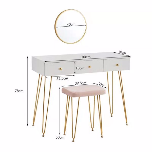 White Dressing Table Bedroom Vanity Table Chair Set with Cushioned Stool Wall Mount Mirror 3 Drawers Gold Hairpin Legs Makeup Table
