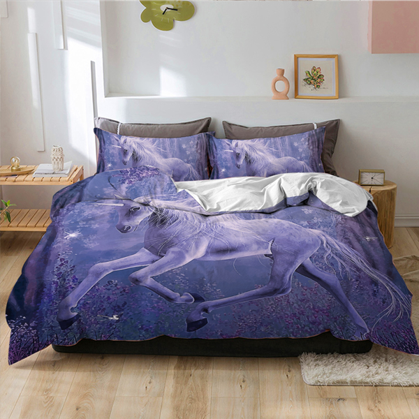 Purple Unicorn Bedding Set 3D Printed Quilt Cover With Pillowcases Floral Scenic Bed Set 3-Piece Home Textiles Twin