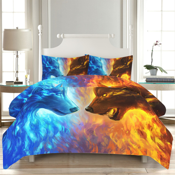 Fire and Ice by JoJoesArt Bedding Set 3pcs 3D Icy Hot Wolf Bed Set Blue and Orange Duvet Cover (Full)
