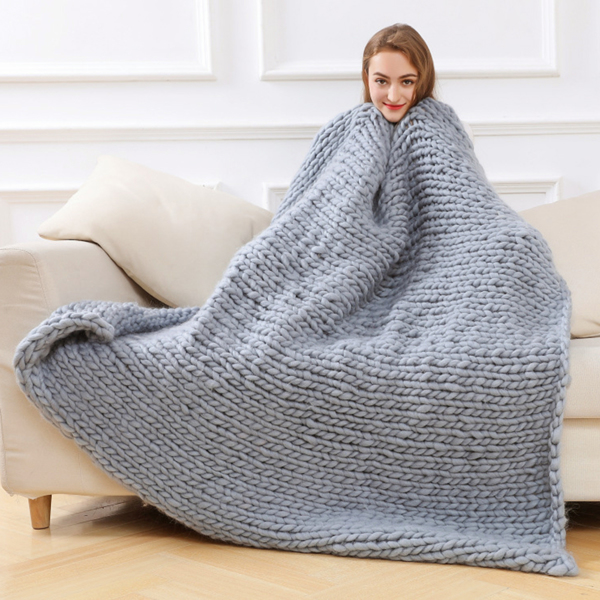 1.3*1.7M, Light Grey, Chunky Knit Blanket Handmade Knitting Warm Knitting Throw Blanket