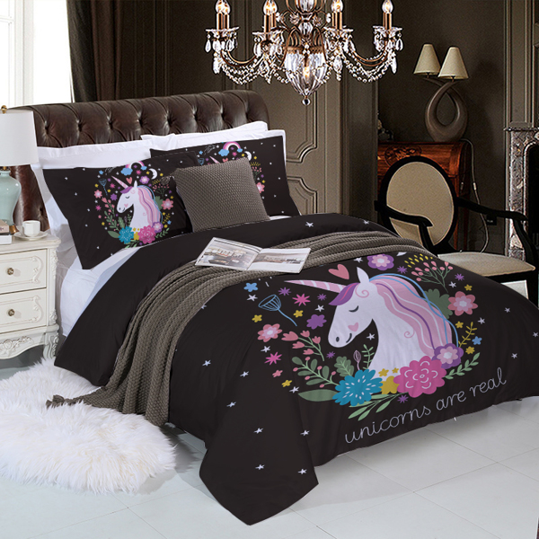 Unicorn Queen Bedding Set for Girls 3 Piece Unicorn Flower Duvet Cover Cartoon Unicorn Bedspreads Pink Black Cute Comforter Covers for Adults Women