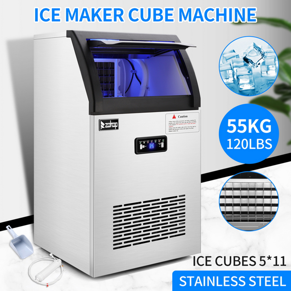 Commercial Stainless Steel Freestanding Ice Maker Cube Machine, 120lbs/24H for Home/Kitchen/Office/Restaurant/Bar/Coffee Shop