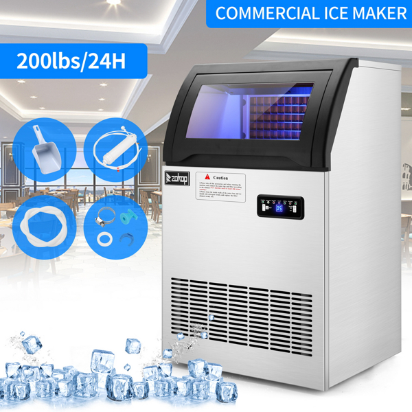 Commercial Stainless Steel Freestanding Ice Maker Cube Machine, 200lbs/24H for Home/Kitchen/Office/Restaurant/Bar/Coffee Shop