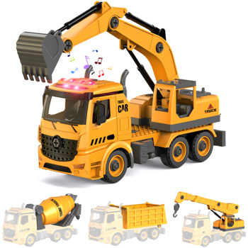 (Prohibited Product on Amazon)Construction Truck Toys for 4 5 6 Years Old Kids, 4-in-1 Take Apart Toys with Electric Drill, 1 Truck and 4 Backs to Swap Out to be Dump, Mixer, Excavator & Crane