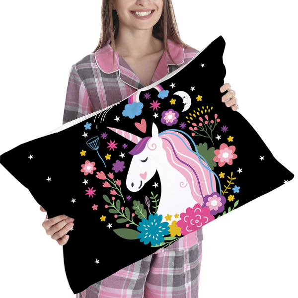 Unicorn Pillow Cases Pink Flower Pillow Cover Unicorn Gifts Cute Animal Black Bed Decorative Pillow Shams (Set of 2 King Size)
