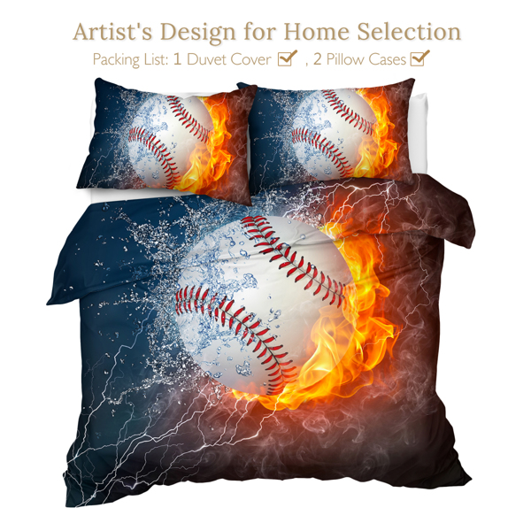 Ice and Fire Baseball Duvet Cover Sports Theme Bedding Cool Flames Teen Duvet Cover Ball Bedding Set 