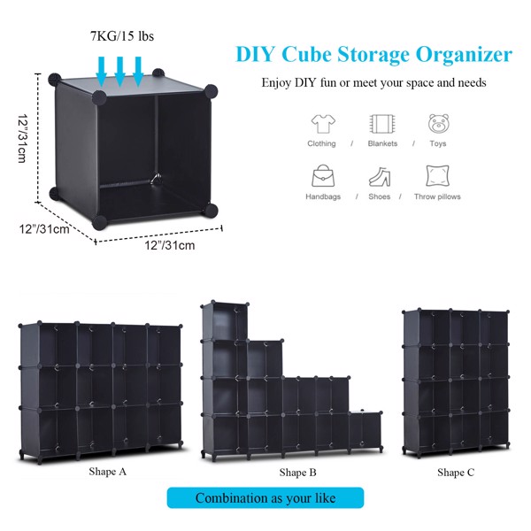  12 Cube Storage Organizer, Cubes Portable Closet Storage Cube Wardrobe Armoire, DIY Modular Cabinet Shelves, Storage for Clothes, Books, Shoes, Toys