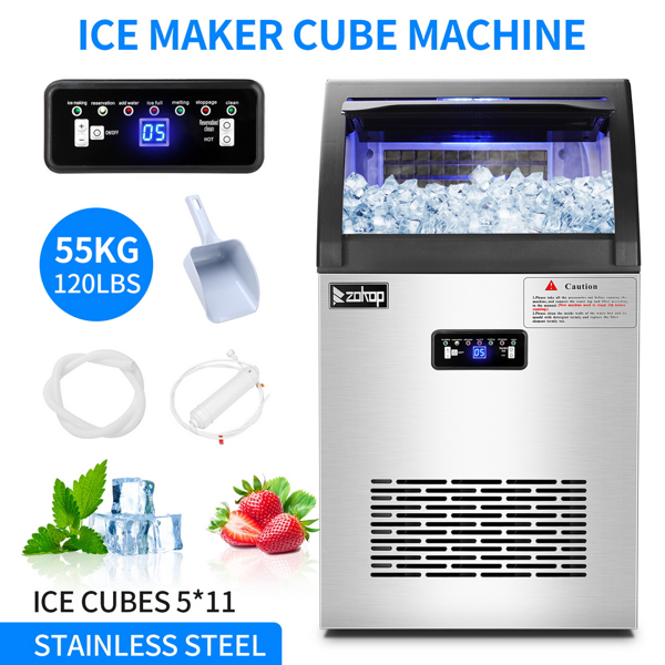 Commercial Stainless Steel Freestanding Ice Maker Cube Machine, 120lbs/24H for Home/Kitchen/Office/Restaurant/Bar/Coffee Shop