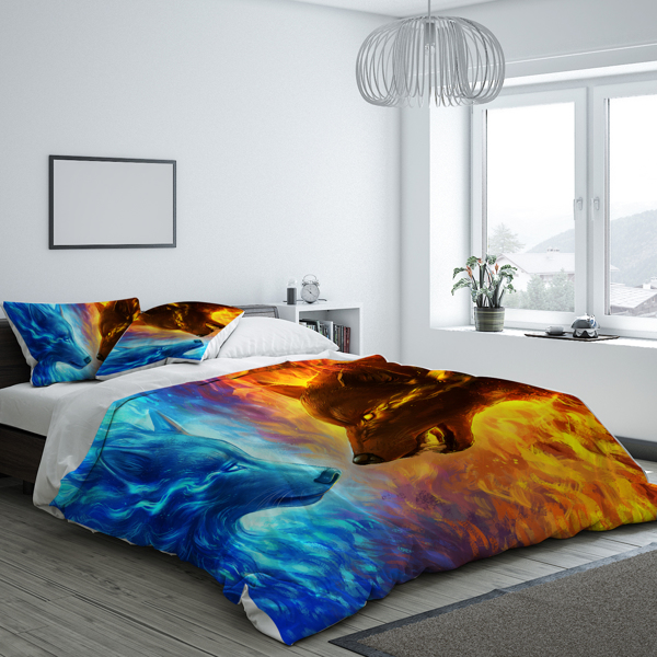 Fire and Ice by JoJoesArt Bedding Set 3pcs 3D Icy Hot Wolf Bed Set Blue and Orange Duvet Cover (Full)