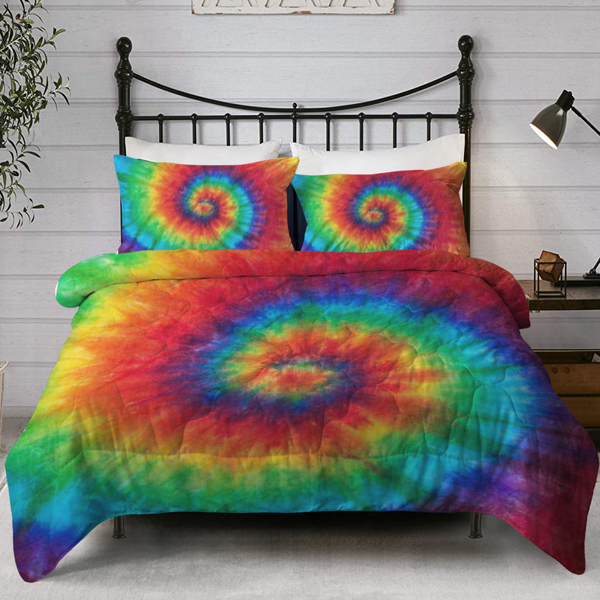 Tie Dye Twin Comforter Set Rainbow Bedding Boho Hippie Bed Quilt Set Colorful Bed Fluffy Comforter for Teen Girl 3pc Vintage Summer Comforter with 2 Pillow Shams (Orange Blue Green)