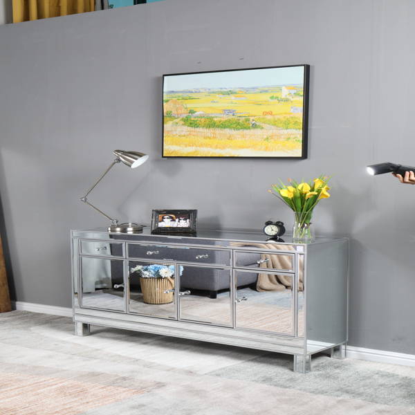 Mirrored Finish Glass TV STAND with 3-Drawers 4 doors cabinet for Living Room
