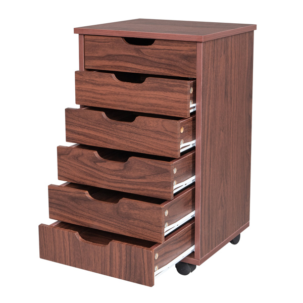 Six Drawers MDF With PVC Wooden Filing Cabinet Dark Walnut Color