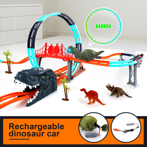 (ABC)(Prohibited Product on Amazon)Dinosaur Toys Race Track for Boys with 1 Rechargeable Dinosaur Car, 4 Dinosaur Figures, Flexible Track Playset Toy with Light and Sound, Create A Dinosaur World for 