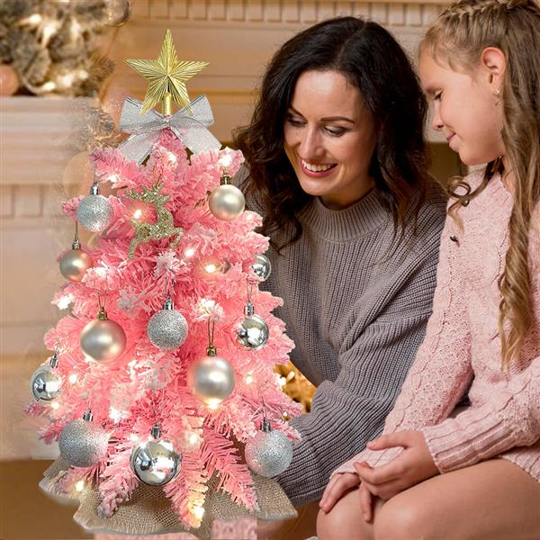 Exquisite Christmas Tree with Lights, 2ft Small Tabletop Mini Pink Artificial Xmas Tree with Christmas Ornaments