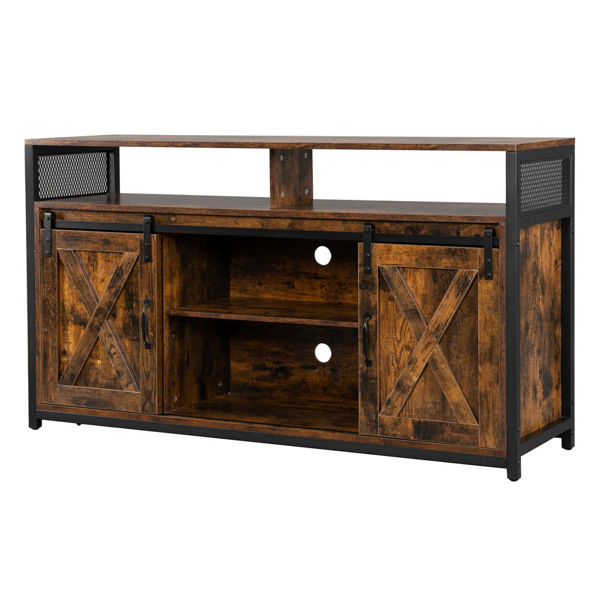 4-layer Double Barn Door with Sliding Rail X-shaped Panel TV Cabinet Industrial Wind MDF with Triamine Retro Brown