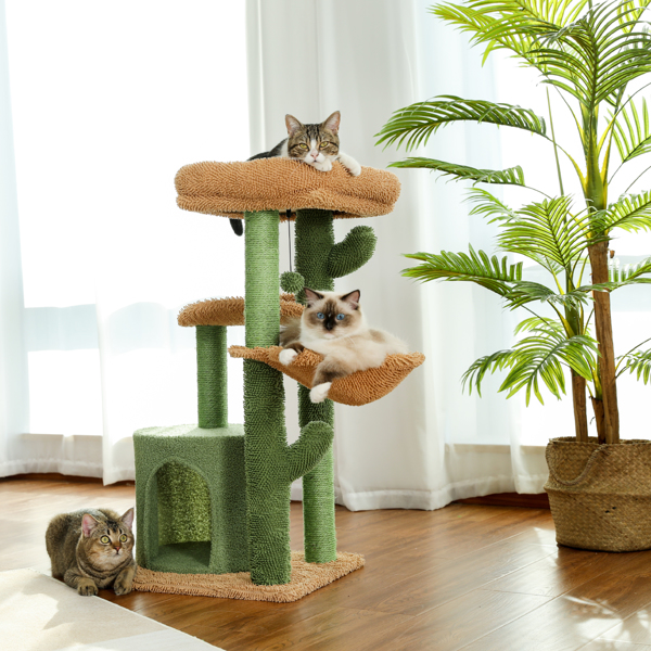 Cactus Cat Tree Cat Tower with Sisal Covered Scratching Post, Cozy Condo, Plush Perches and Fluffy Balls for Indoor Cats
