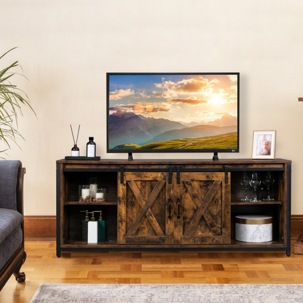 3-layer Double Barn Door with Sliding Rail X-shaped Panel TV Cabinet MDF with Triamine Retro Brown